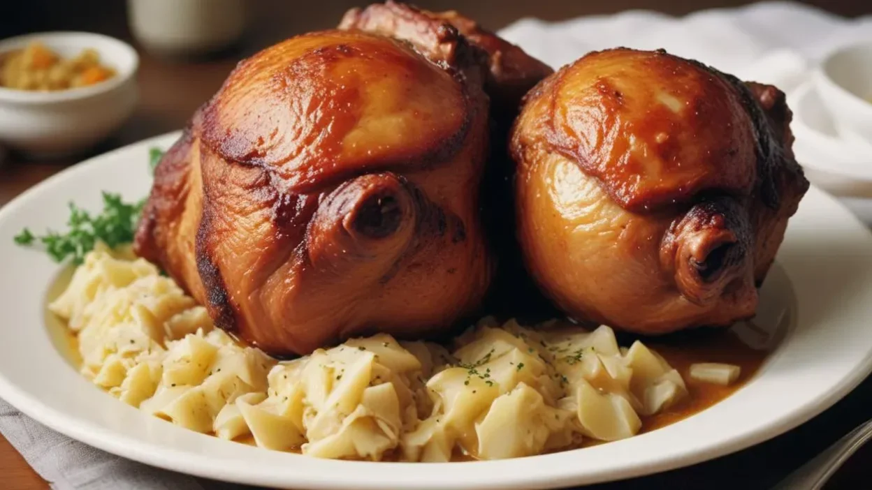 Golonka is a traditional Polish dish made from a bone-in pork hock, slow-roasted to achieve crispy, golden-brown skin and tender, juicy meat.