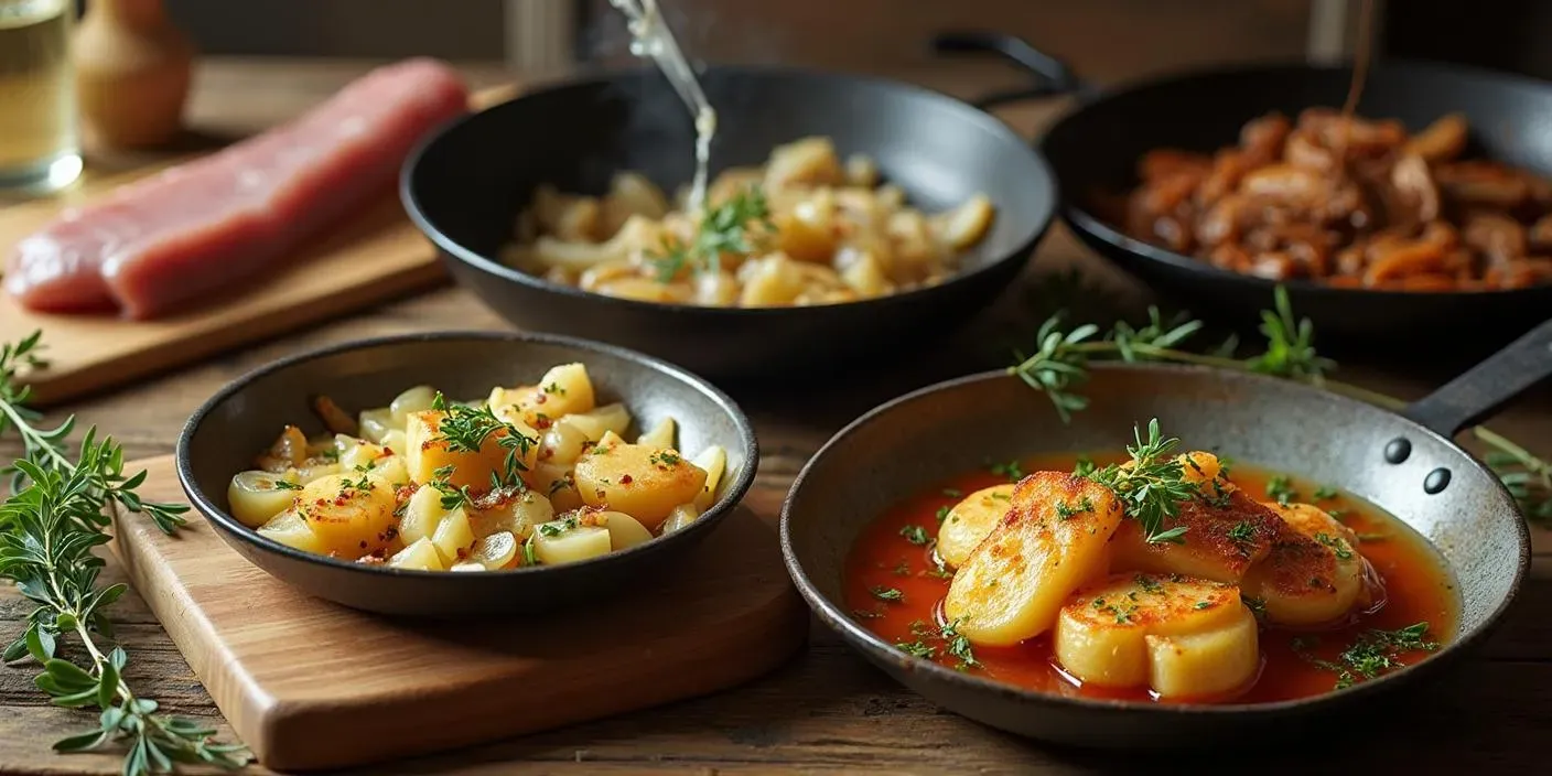 Step-by-step preparation of Husacia Pečeň: seasoning the raw goose liver, sautéing onions and garlic, cooking the liver in a pan, adding white wine, and serving with lokša.