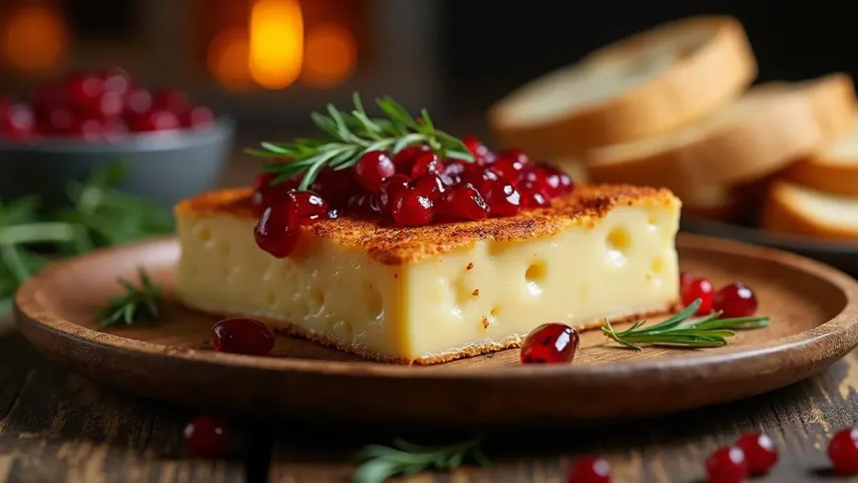 Grilled Oštiepok cheese with a crispy golden crust, topped with cranberry sauce, served on a wooden plate with fresh bread in a rustic Slovak setting.