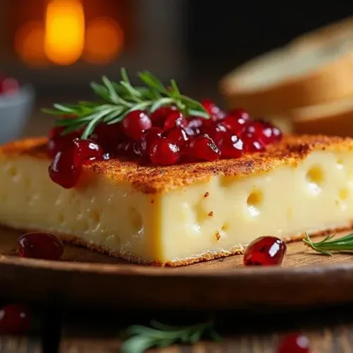 Grilled Oštiepok cheese with a crispy golden crust, topped with cranberry sauce, served on a wooden plate with fresh bread in a rustic Slovak setting.