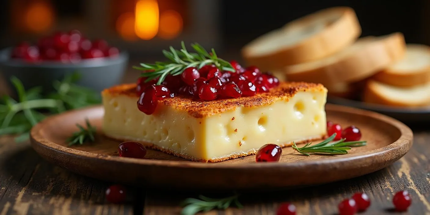 Grilled Oštiepok cheese with a crispy golden crust, topped with cranberry sauce, served on a wooden plate with fresh bread in a rustic Slovak setting.