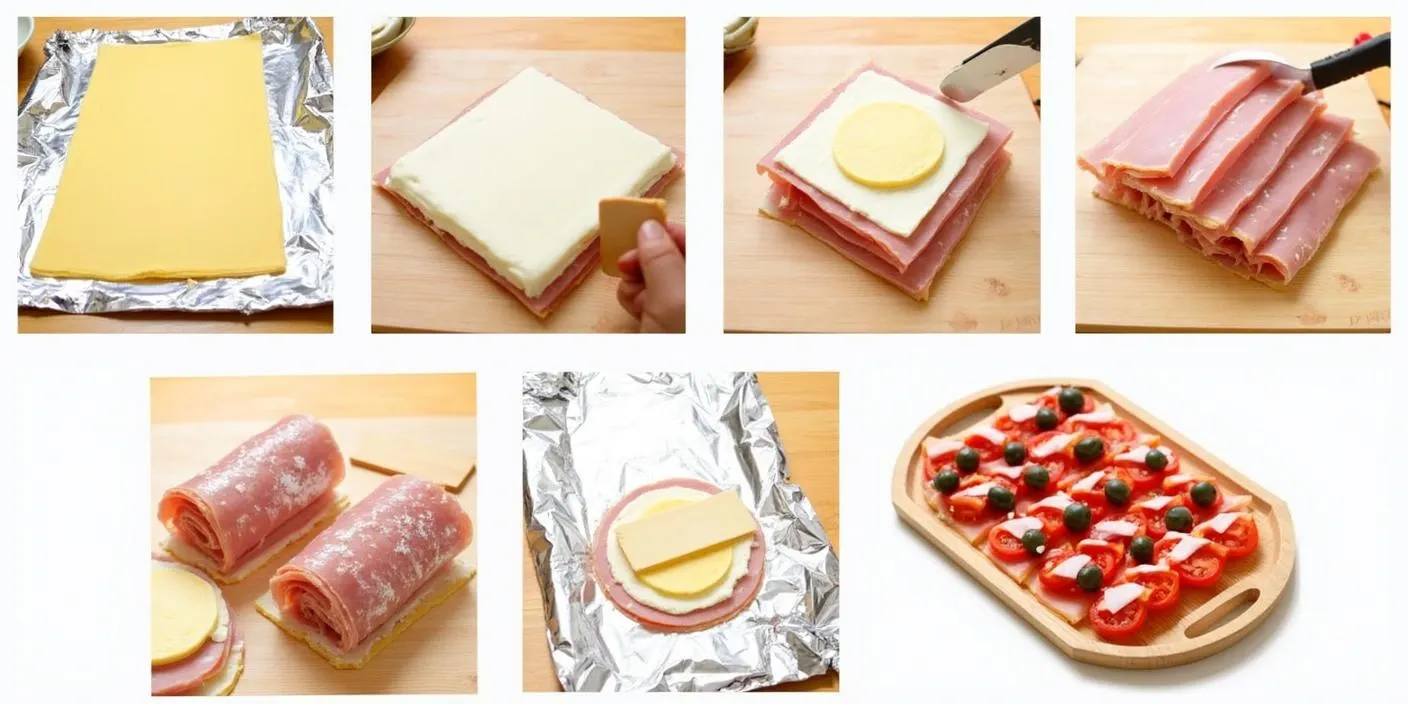 Step-by-step preparation of Romanian ham and cheese appetiser, showing layering of cașcaval cheese and ham, wrapping for chilling, and final sliced presentation with cherry tomatoes and olives.