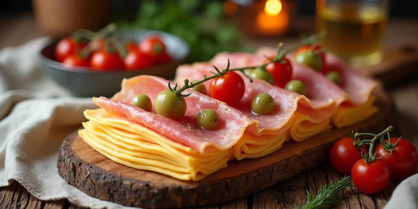 A beautifully arranged Romanian ham and cheese appetiser on a wooden platter, showcasing neatly layered slices of cașcaval cheese and ham, garnished with cherry tomatoes and green olives.