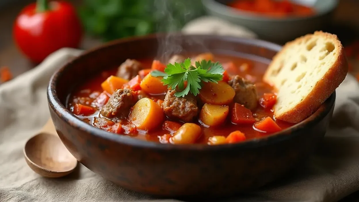 A bowl of traditional Hungarian goulash, filled with tender beef, potatoes, carrots, and peppers in a rich paprika broth, garnished with fresh parsley and served with crusty bread on a rustic wooden table.