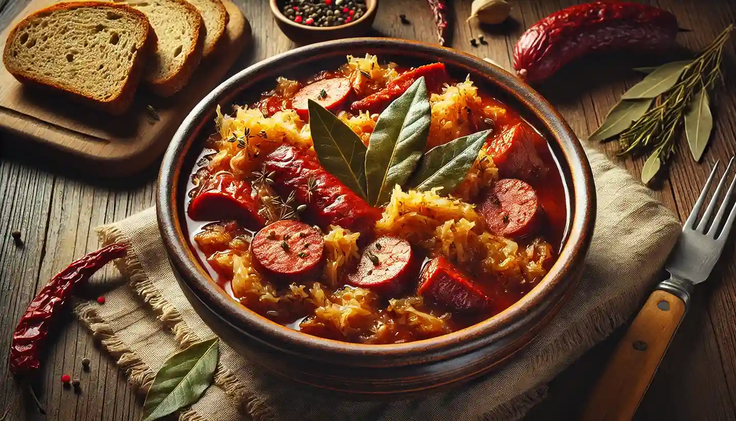  A selection of ingredients used in bigos, including cabbage, meat, and seasonings.