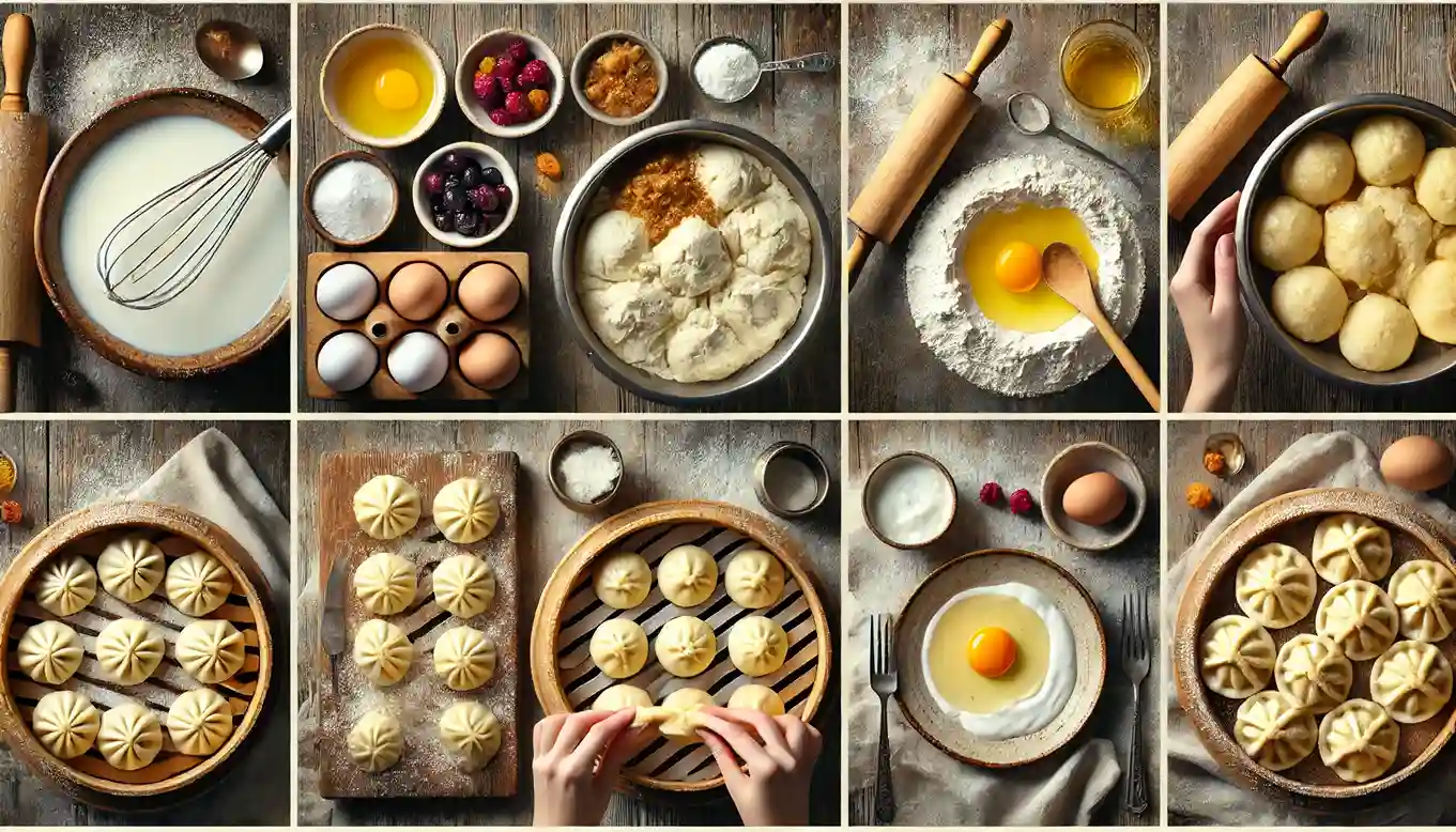 Step-by-step collage of making Polish steamed dumplings, showing ingredients, dough preparation, shaping, and steaming process.