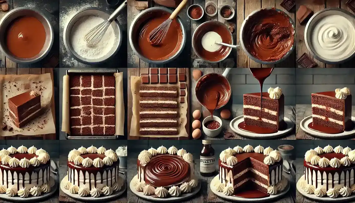 tep-by-step images showing the preparation of the traditional Polish Wuzetka cake, including mixing the batter, baking the sponge, whipping the cream, assembling the layers, and pouring the glossy chocolate ganache.