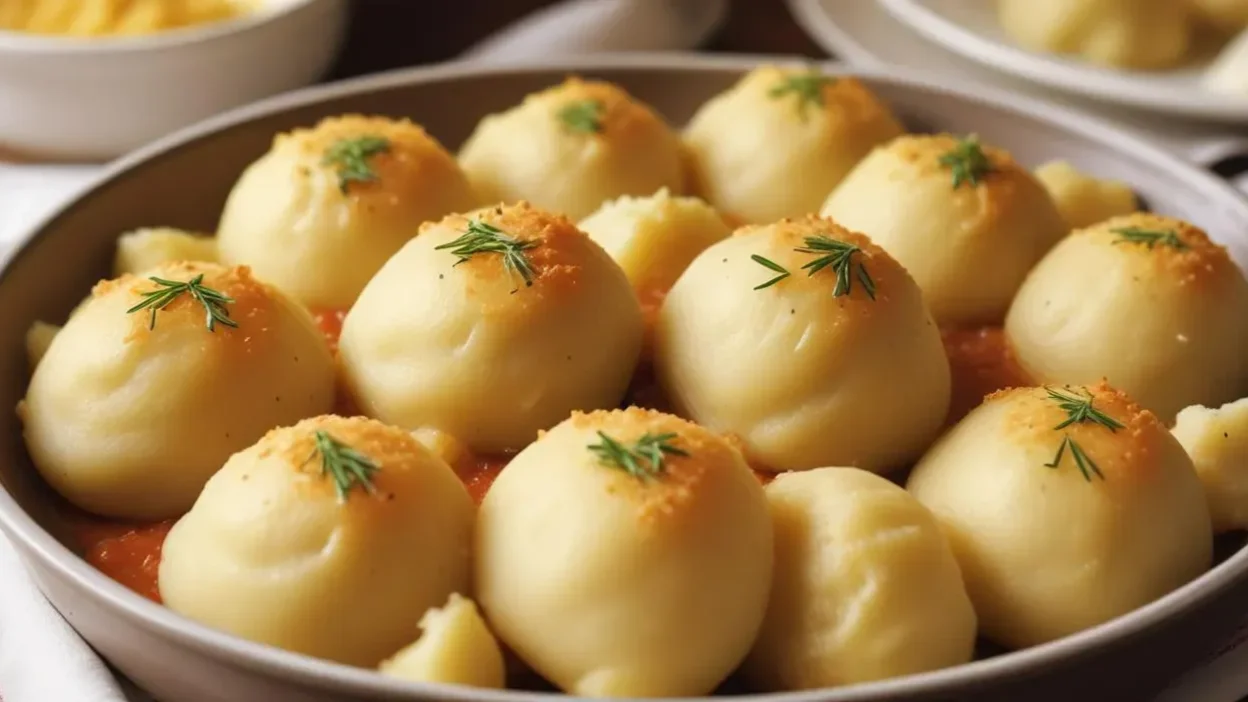 A beautifully plated serving of traditional Polish kopytka dumplings.