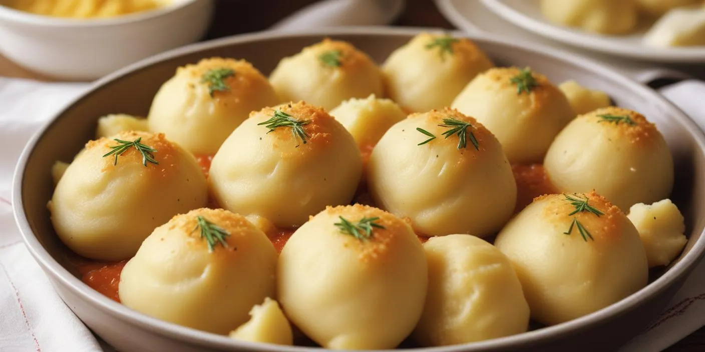 A beautifully plated serving of traditional Polish kopytka dumplings.