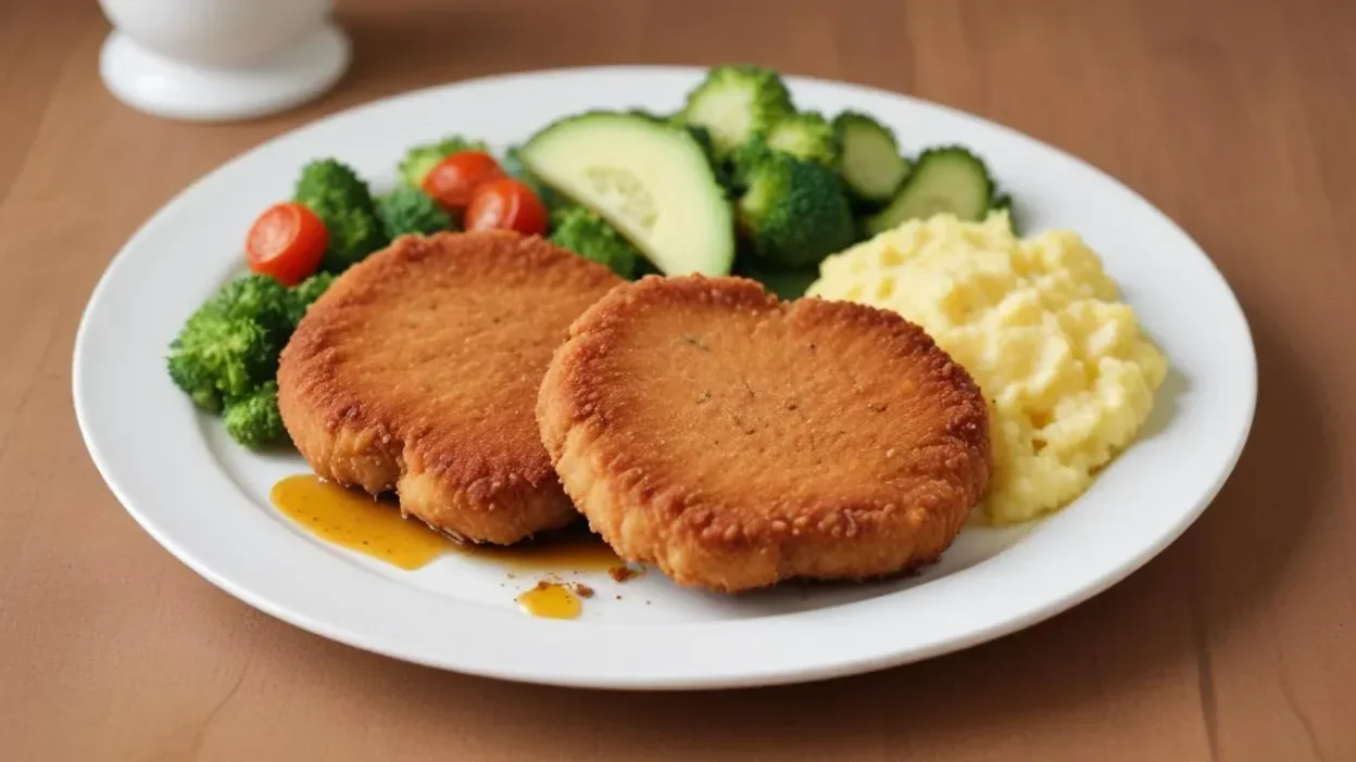 A plate with breaded and fried cutlets, mashed potatoes, and fresh vegetables.