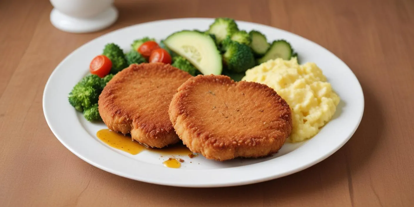 A plate with breaded and fried cutlets, mashed potatoes, and fresh vegetables.