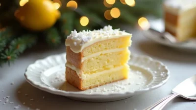 A slice of Romanian Layered Lemon Cake (Snow White) with creamy lemon filling and coconut topping on a white plate, served on a festive holiday table with warm lighting and evergreen decorations.