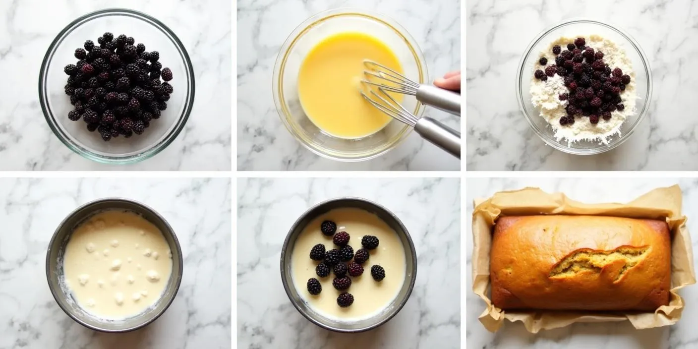 Step-by-step process of making Romanian blackberry loaf cake (Chec cu Mure), including cleaning blackberries, mixing ingredients, whipping egg whites, folding batter, adding fruit, and baking the cake to golden perfection.