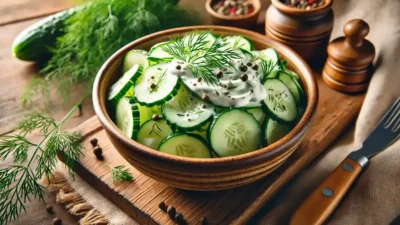 A bowl of Polish cucumber salad (Mizeria) with sour cream, fresh dill, and black pepper, placed on a rustic wooden table.