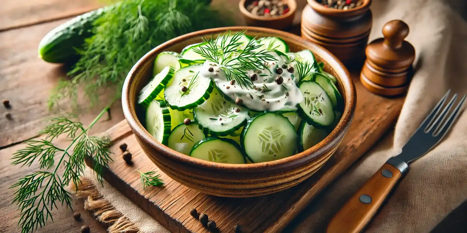 A bowl of Polish cucumber salad (Mizeria) with sour cream, fresh dill, and black pepper, placed on a rustic wooden table.