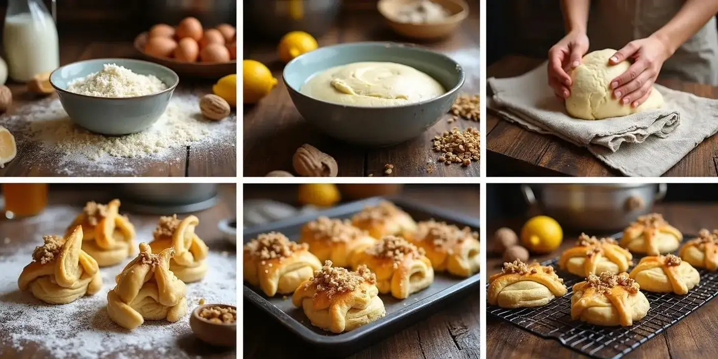 A step-by-step visual collage of the Traditional Romanian Mucenici Moldovenești recipe: showing ingredients, kneading dough, letting it rise, shaping into figure-8s, baking, and glazing with honey and walnuts.