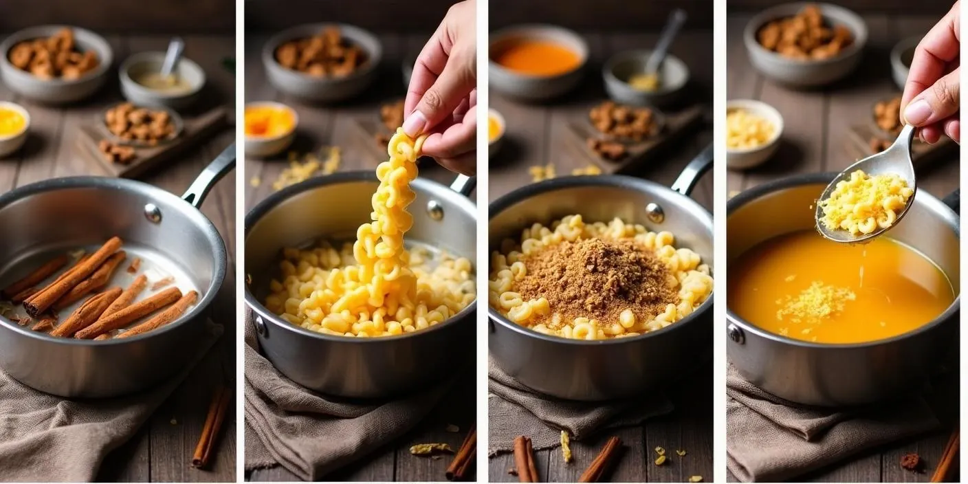 Step-by-step images showing how to make Romanian Mucenici Muntenesti: boiling cinnamon water, adding pasta, infusing with spices and walnuts, and serving the final sweet dessert in a bowl.