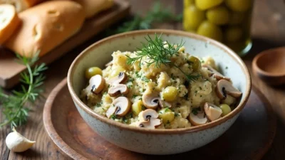 A creamy Romanian Mushroom Salad served in a rustic ceramic bowl, garnished with fresh dill