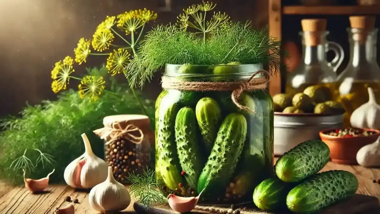 A rustic kitchen scene featuring a large jar of whole pickles, surrounded by fresh cucumbers, garlic, and aromatic spices.