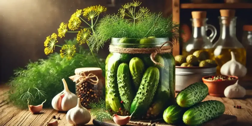 A rustic kitchen scene featuring a large jar of whole pickles, surrounded by fresh cucumbers, garlic, and aromatic spices.