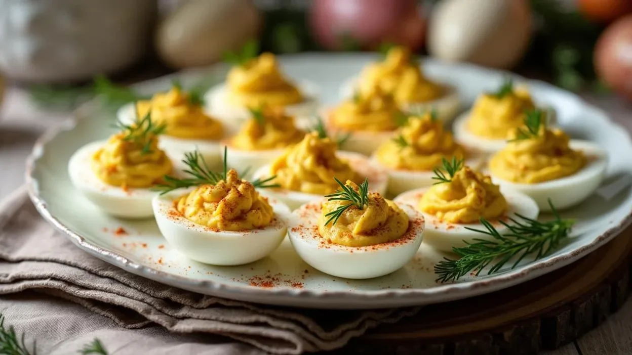 A plate of beautifully arranged Romanian deviled eggs (Oua Umplute), filled with a creamy yolk mixture, sprinkled with smoked paprika, and garnished with fresh dill.