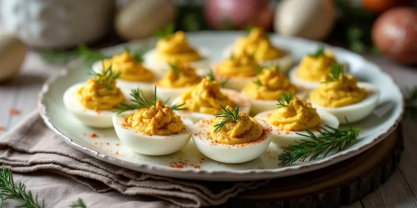 A plate of beautifully arranged Romanian deviled eggs (Oua Umplute), filled with a creamy yolk mixture, sprinkled with smoked paprika, and garnished with fresh dill.