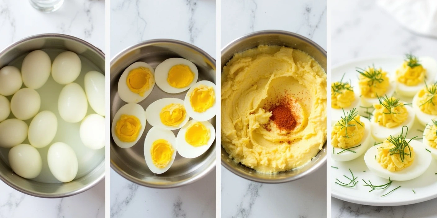 Step-by-step process of making Romanian deviled eggs (Oua Umplute), including boiling eggs, cutting and removing yolks, preparing the creamy filling, and garnishing the final dish with paprika and dill.