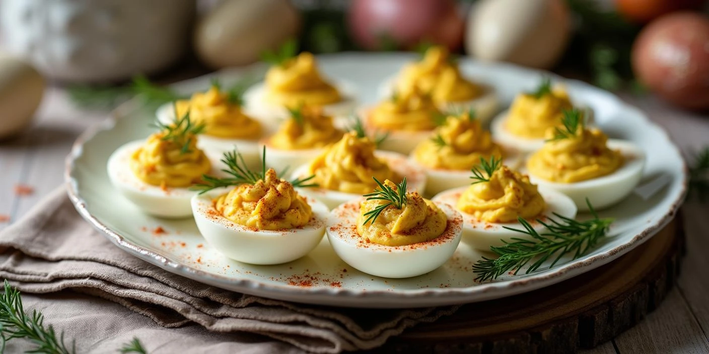 A plate of beautifully arranged Romanian deviled eggs (Oua Umplute), filled with a creamy yolk mixture, sprinkled with smoked paprika, and garnished with fresh dill.