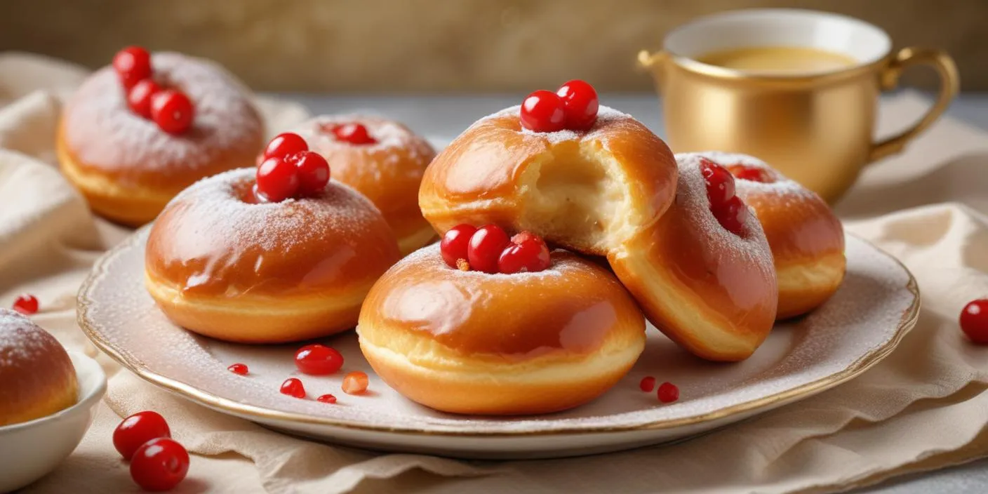 Delicious, fluffy pączki, traditional Polish donuts filled with sweet rosehip jam or creamy custard.