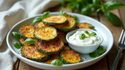 A plate of crispy Romanian pan-fried courgettes (Dovlecei Pane) garnished with fresh basil, served with a creamy garlic yogurt dip on a rustic wooden table.