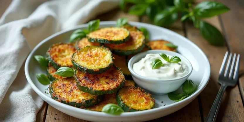 A plate of crispy Romanian pan-fried courgettes (Dovlecei Pane) garnished with fresh basil, served with a creamy garlic yogurt dip on a rustic wooden table.