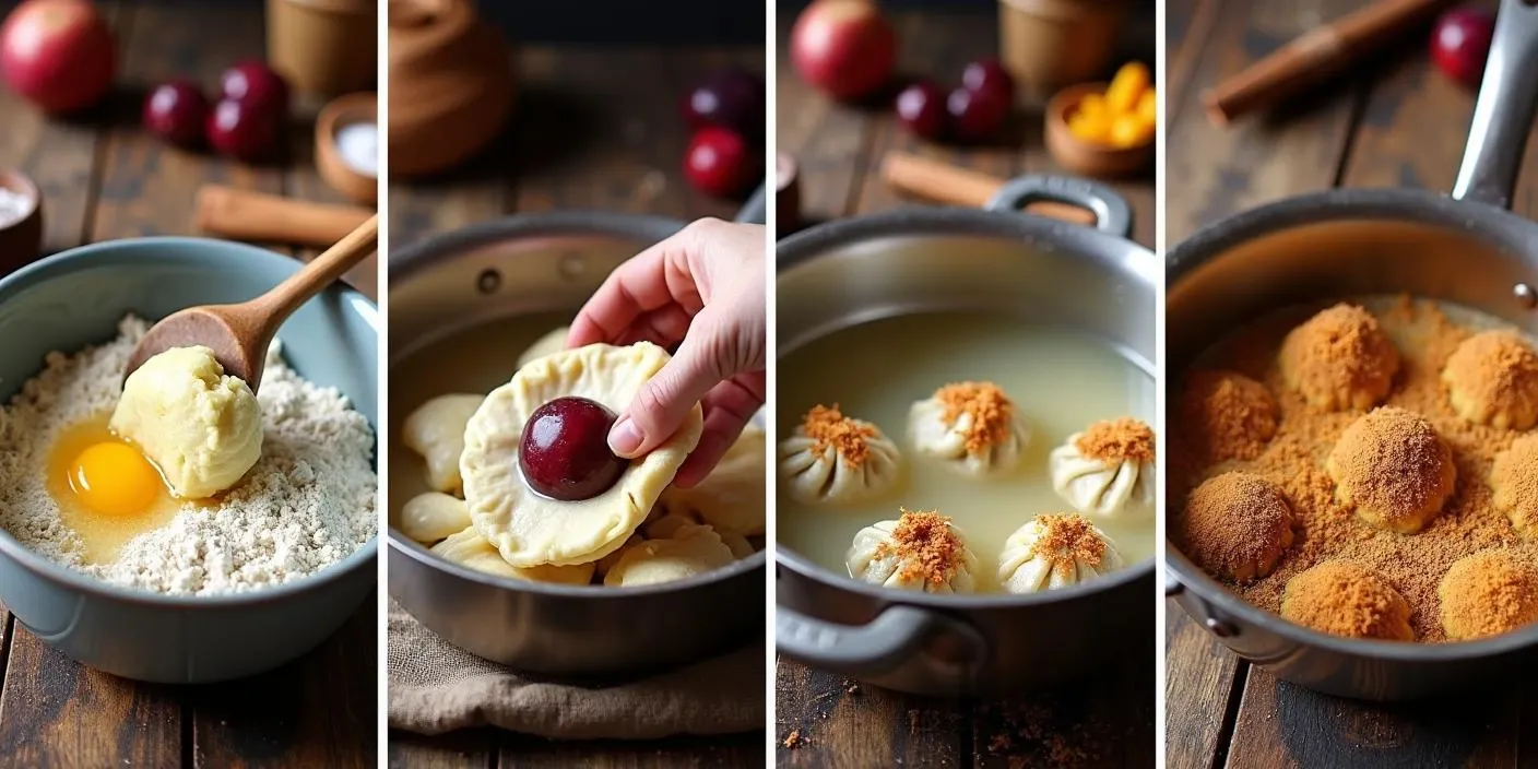 Step-by-step process of making traditional Romanian Plum Dumplings (Găluște cu Prune), from preparing the dough and filling it with plums to boiling and coating the dumplings in golden cinnamon breadcrumbs.