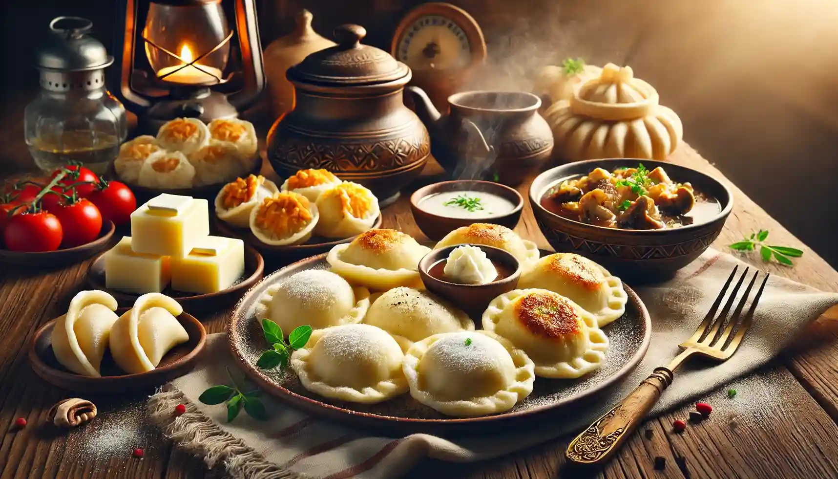 A cozy scene of Polish pampuchy (steamed dumplings) on a wooden table.