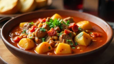 A rustic bowl of Marosszéki Heránytokány, a Hungarian-Romanian beef and pork stew, garnished with parsley and bacon, served with boiled baby potatoes.
