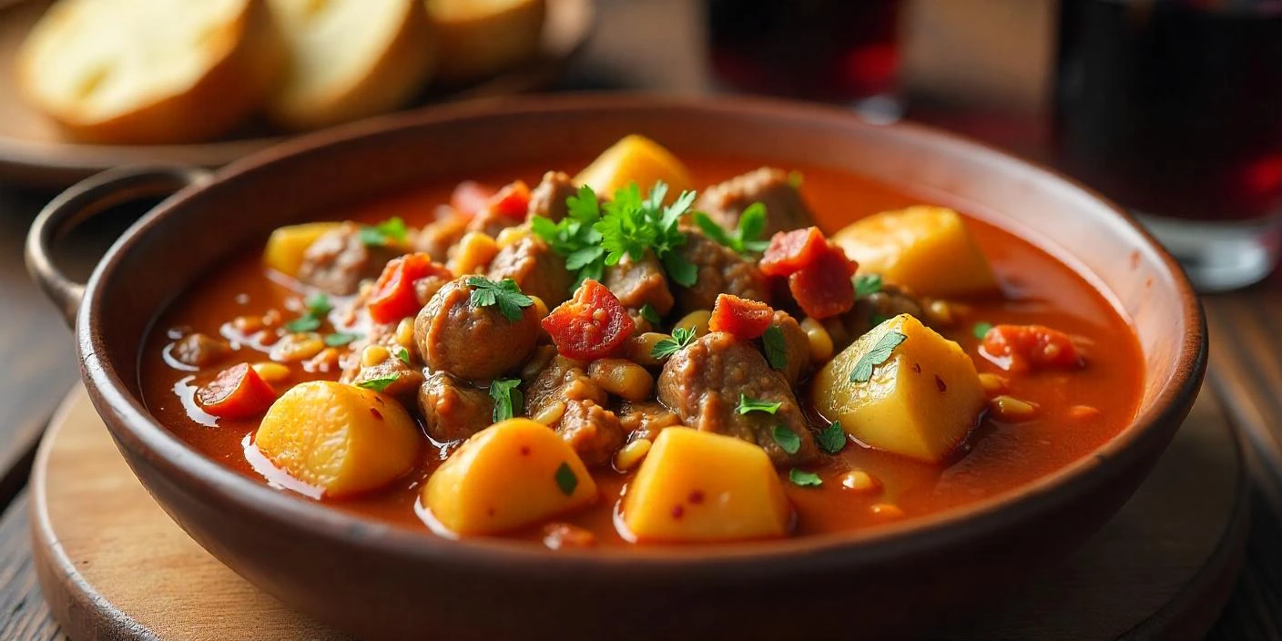 A rustic bowl of Marosszéki Heránytokány, a Hungarian-Romanian beef and pork stew, garnished with parsley and bacon, served with boiled baby potatoes.