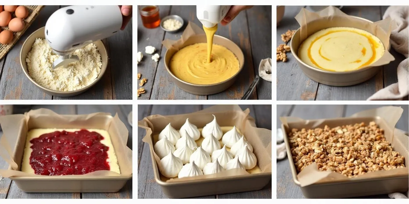 Step-by-step images showing how to make Romanian walnut cake: mixing batter, spreading jam, layering walnut meringue, and the finished baked cake cut into squares.