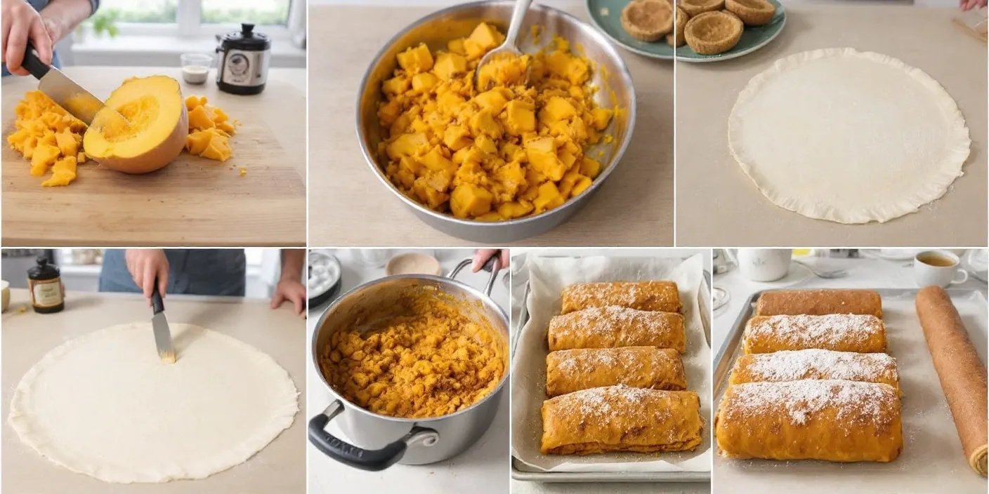 Step-by-step process of making traditional Romanian pumpkin pie (Plăcintă cu Dovleac), from grating the pumpkin and preparing the filling to assembling with filo pastry, baking, and serving with powdered sugar.
