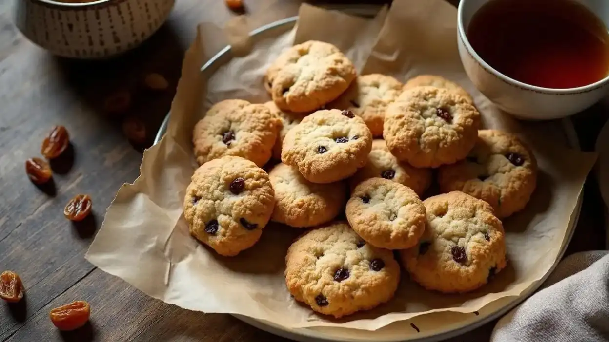 Traditional Romanian raisin cookies (Fursecuri cu Stafide) on parchment paper, surrounded by scattered raisins and a cup of coffee on a rustic wooden table.
