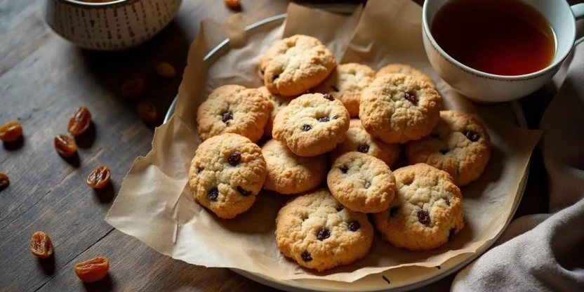 Traditional Romanian raisin cookies (Fursecuri cu Stafide) on parchment paper, surrounded by scattered raisins and a cup of coffee on a rustic wooden table.