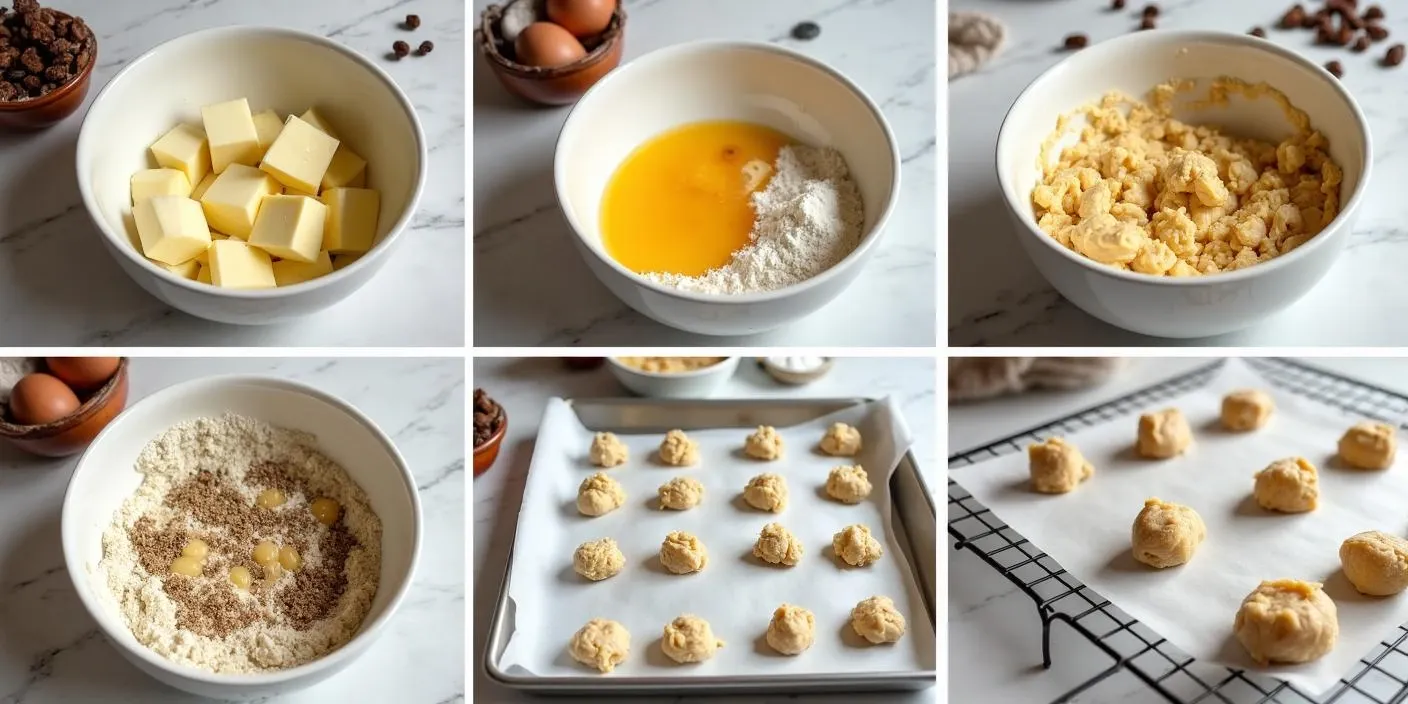 Step-by-step process of making Romanian raisin cookies: creaming butter and sugar, adding eggs, mixing in flour and vanilla, folding in raisins, scooping dough onto a tray, and baked cookies cooling on a rack.