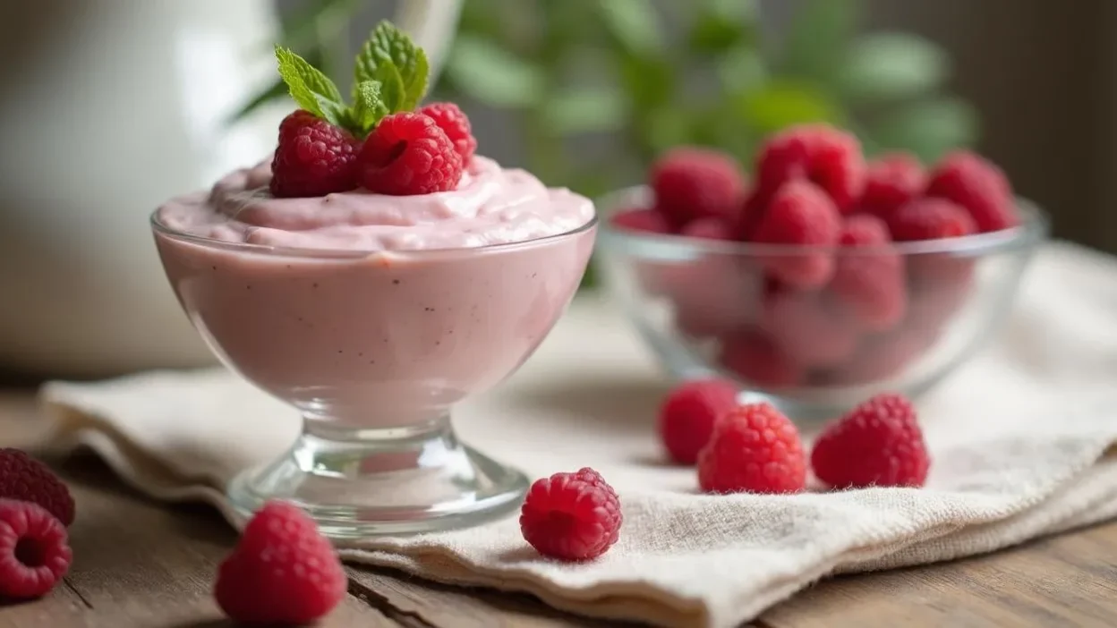 Fluffy raspberry mousse served in a glass dessert bowl, garnished with fresh raspberries and mint, styled on a rustic wooden table with scattered berries — a refreshing Romanian summer dessert.