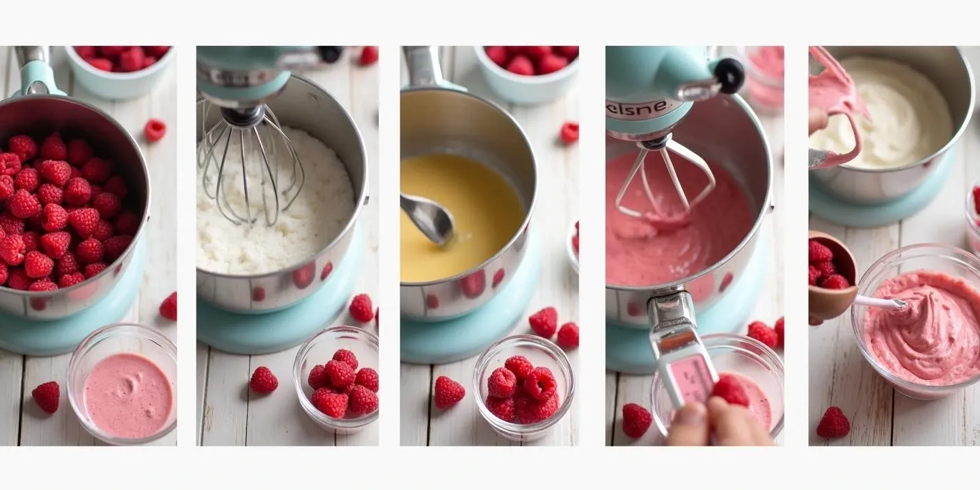 Step-by-step process of making raspberry mousse: blending raspberries, cooking sugar syrup, whipping egg whites, combining ingredients into a pink, fluffy mousse, and spooning it into serving bowls.