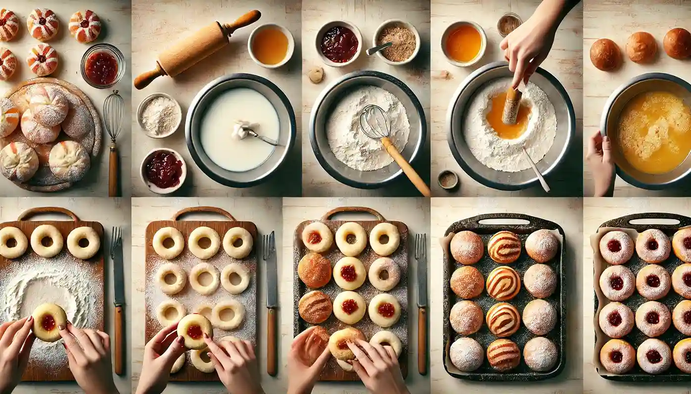 Step-by-step process of making Polish pączki donuts, from mixing dough to frying and dusting with sugar.