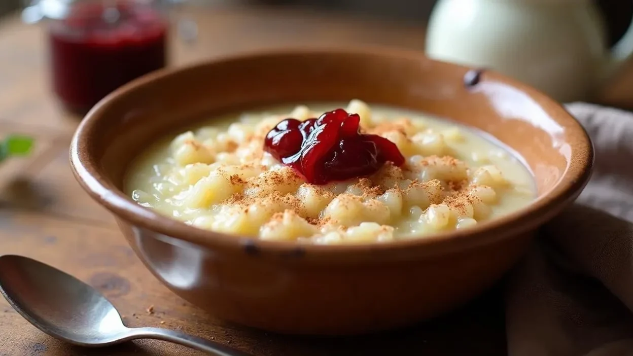 A creamy Romanian rice pudding (Orez Cu Lapte) served in a rustic bowl, topped with cinnamon and sour cherry jam, placed on a wooden table with a cozy ambiance.