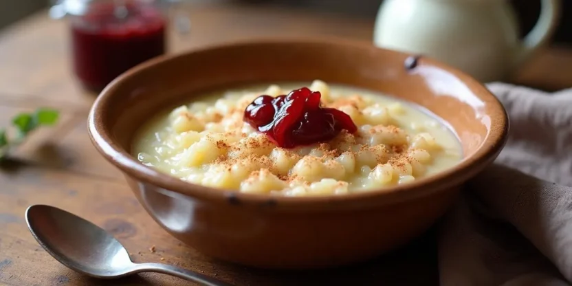 A creamy Romanian rice pudding (Orez Cu Lapte) served in a rustic bowl, topped with cinnamon and sour cherry jam, placed on a wooden table with a cozy ambiance.