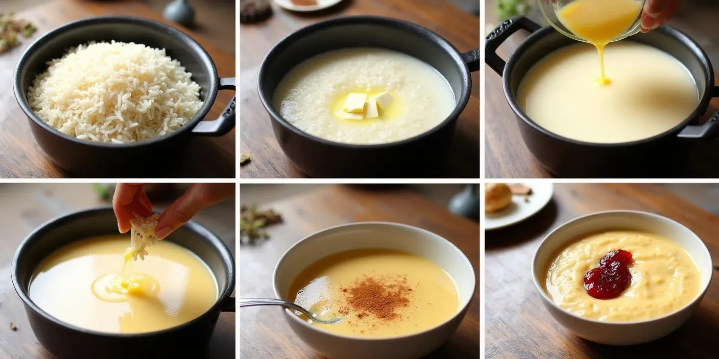 Step-by-step process of making Romanian rice pudding (Orez Cu Lapte), from rinsing rice to simmering it with milk, stirring in sugar and lemon zest, and serving it with cinnamon and jam.