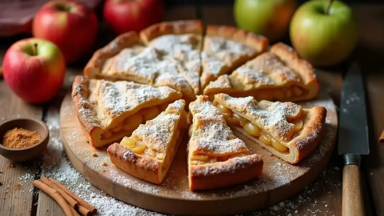 Traditional Romanian apple pie sliced into squares, topped with powdered sugar, and displayed on a rustic wooden board with fresh apples and cinnamon nearby.