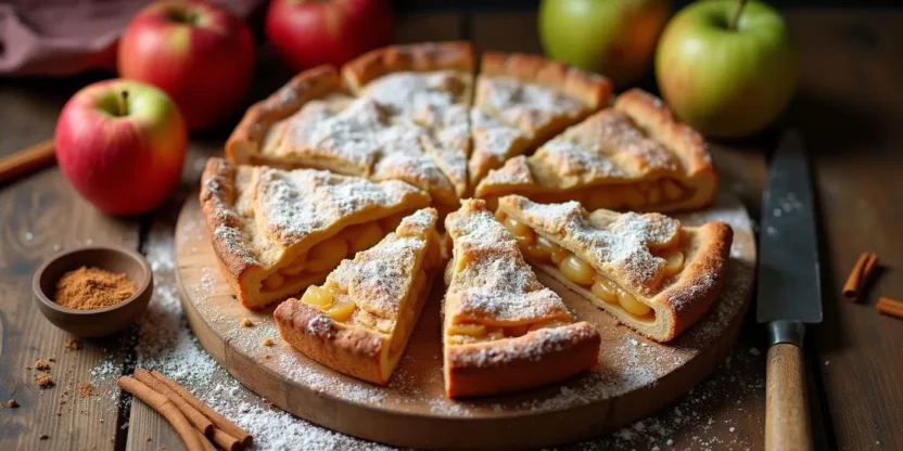 Traditional Romanian apple pie sliced into squares, topped with powdered sugar, and displayed on a rustic wooden board with fresh apples and cinnamon nearby.