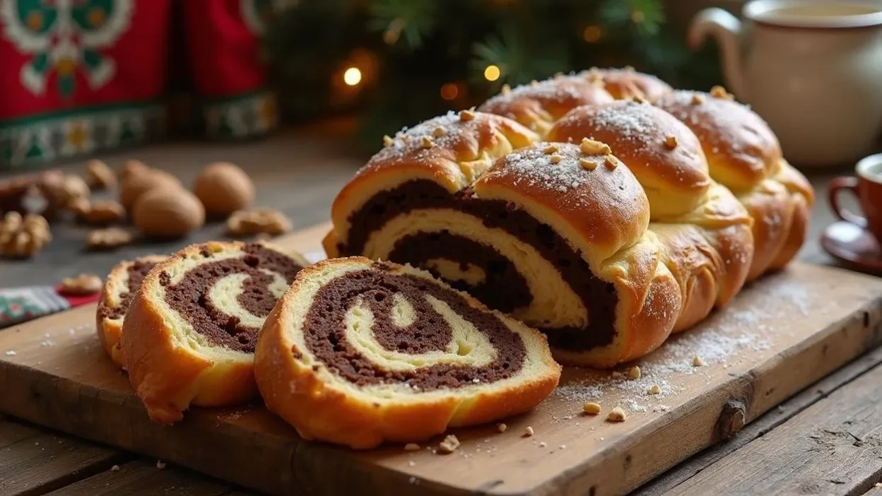 Traditional Romanian cozonac sliced to show walnut and cocoa swirl filling, with golden crust, sugar topping, and festive holiday styling on a rustic table.