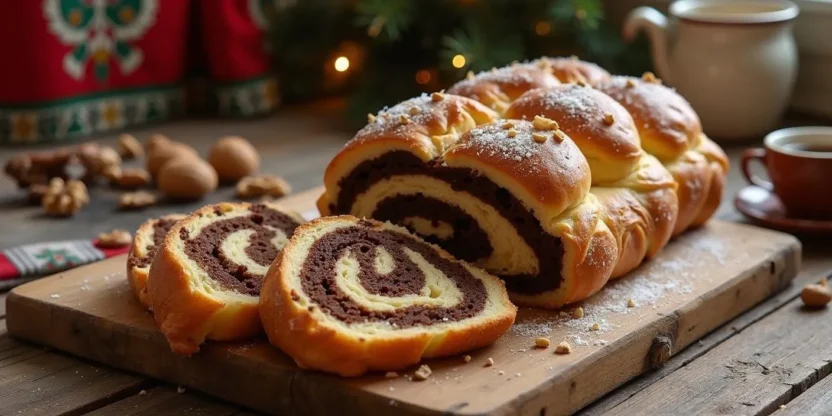 Traditional Romanian cozonac sliced to show walnut and cocoa swirl filling, with golden crust, sugar topping, and festive holiday styling on a rustic table.